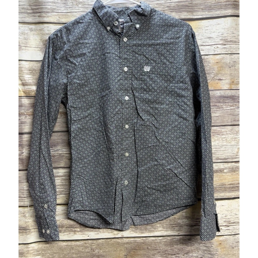 Cinch Boy's Green Patterned Long Sleeve Button Down Western Shirt Size XL 14